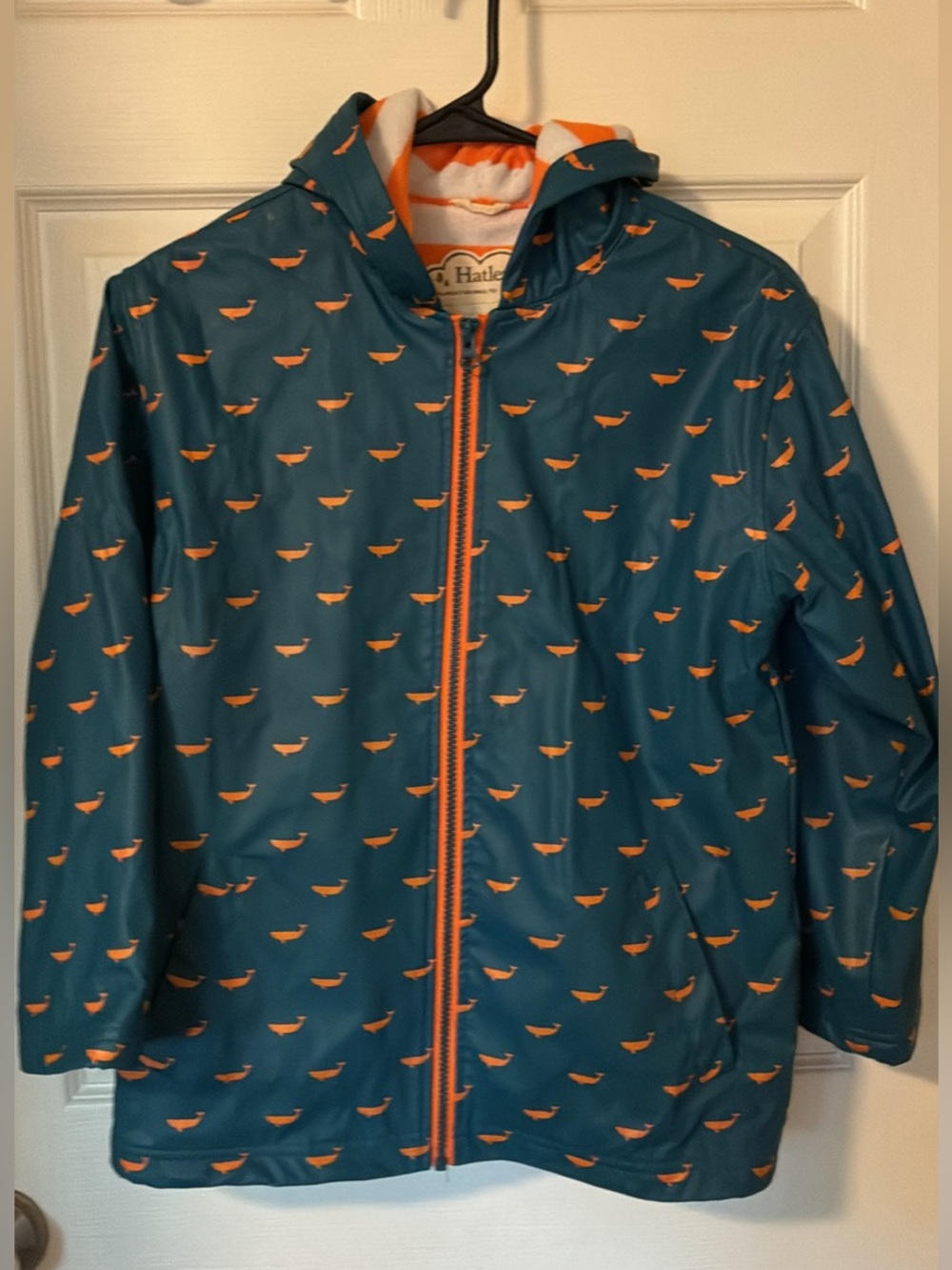Hatley Teal Hooded Raincoat with Orange Whale Pattern